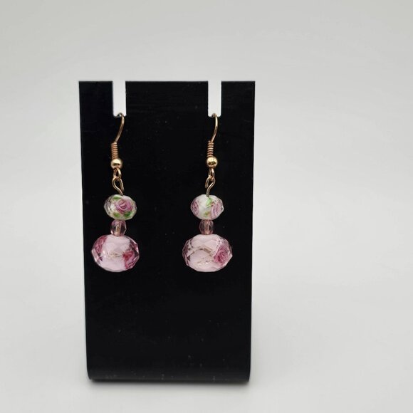Glass Floral Earrings Pink Triple Beaded Rose Gold-Toned Dangle Drop Hook Lobe - Picture 6 of 9